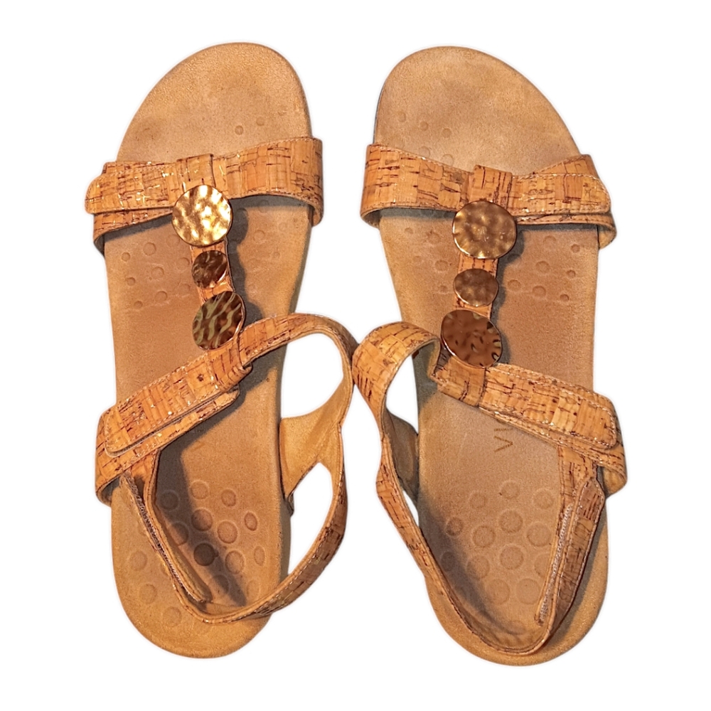 VIONIC Farra Gold Medallion Adjustable Cork T-Strap Slingback Sandals Size 11
